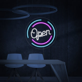 Neon open sign in circle