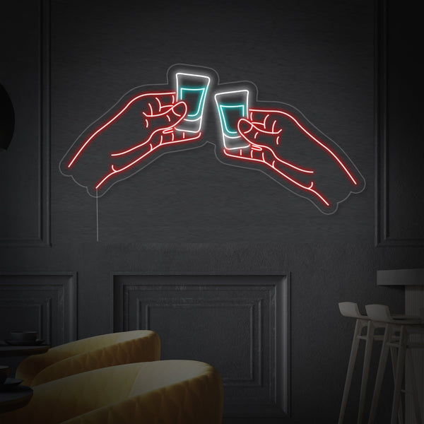 Two Hands Clinking Vodka or Tequila Shots Bar Neon Sign